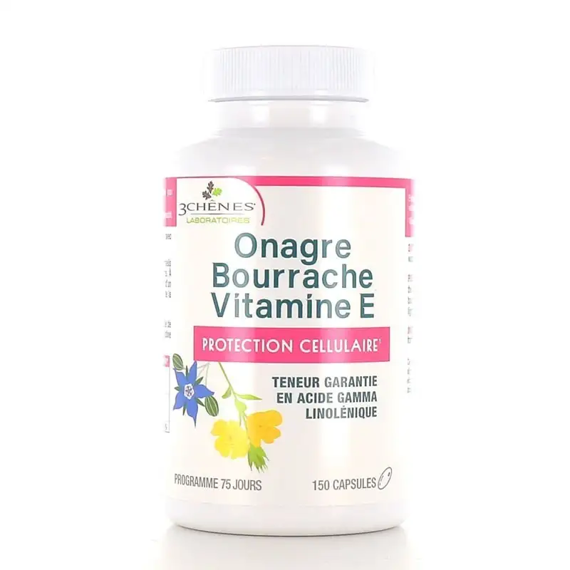 3 chênes Huile d'onagre bourrache vitamine E 150 Capsules