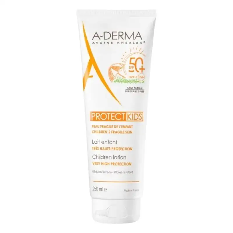 Aderma Protect Kids Lait Enfant Très Haute Protection SPF 50+ - 250 ml - Sans parfum, non collant, résistant à l'eau