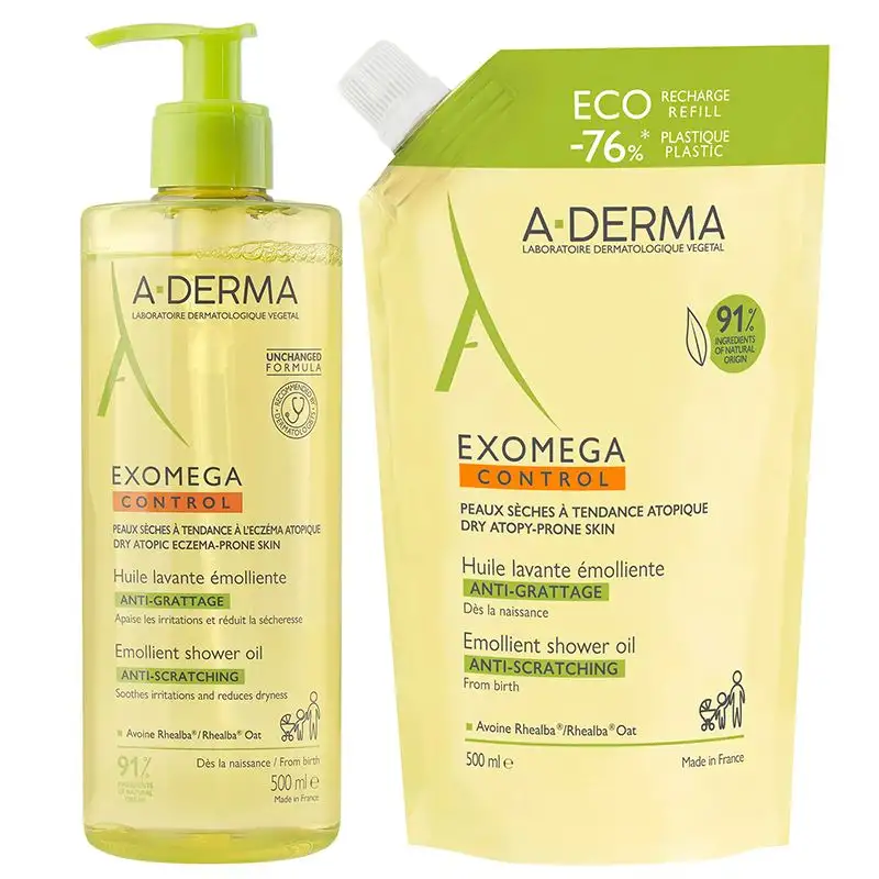A-derma Exomega Control Huile Lavante Emolliente Anti-Grattage 500ml + Eco Recharge 500ml