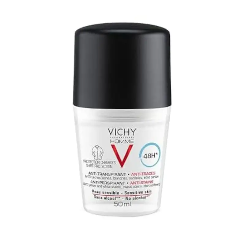 Vichy Homme Déodorant Anti-Transpirant 48H Roll-On Anti-Traces - 50 ml - Peaux Sensibles