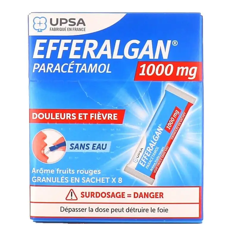 Upsa Efferalgan 1000 mg - Sans Eau - 8 sachets-granulés - Goût Fruits Rouges