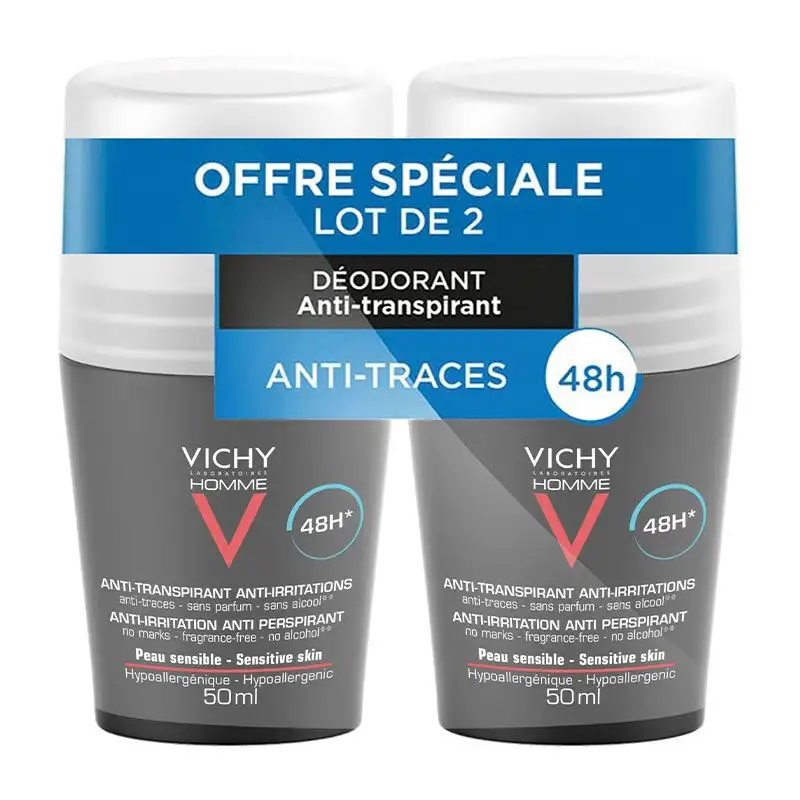 Vichy Homme Déodorant Anti-Transpirant 48H - Lot de 2 x 50 ml - Anti-Irritations Peaux Sensibles