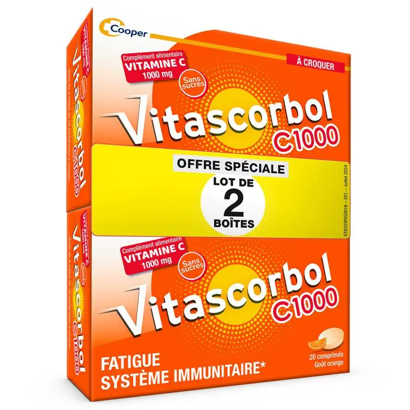 Vitascorbol Vitamine C 1000mg - 2 x 20 Comprimés à Croquer - Vitalité et Défenses Naturelles à Croquer