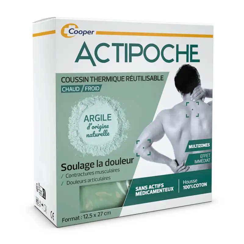Actipoche Coussin Thermique Argile Multizones - 12.5 × 27cm - Soulagement polyvalent à chaud ou à froid