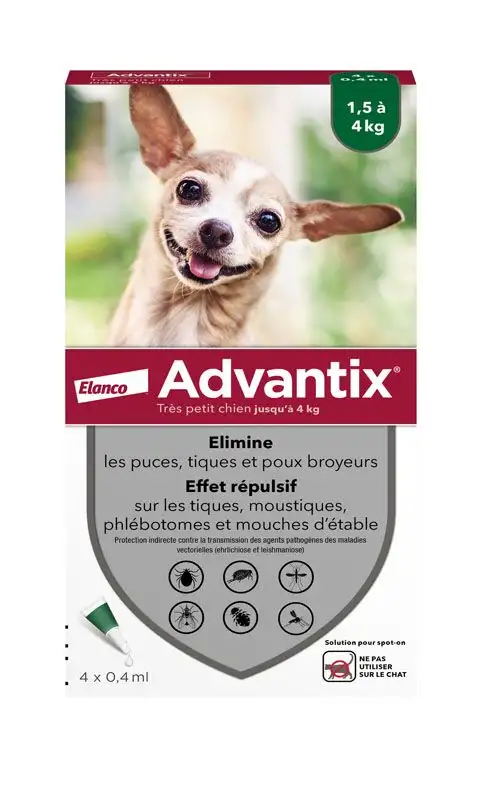 Advantix Chien Solution Antiparasitaire Puces Tiques Répulsif 1,5 à 4kg 4 pipettes