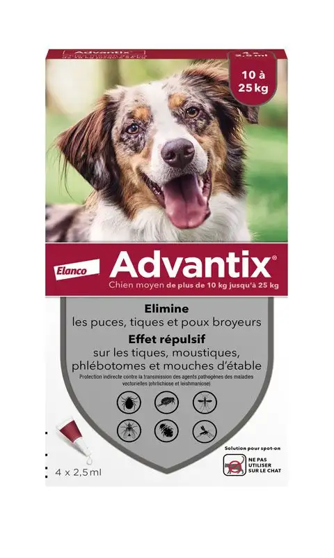 Advantix Chien Solution Antiparasitaire Race Moyenne 10 à 25kg 4 pipettes