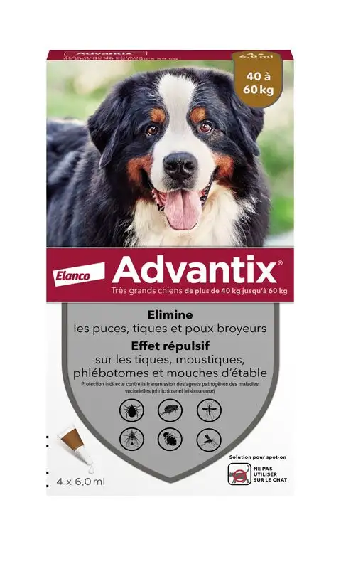 Advantix Chien Solution Antiparasitaire Très Grande Race 40 à 60kg 4 pipettes