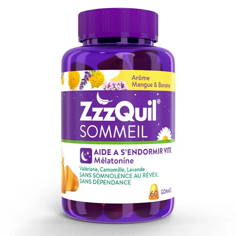 ZzzQuil Sommeil 60 Gummies Arôme Mangue Banane - Complément alimentaire pour le sommeil, aide à s'endormir vite