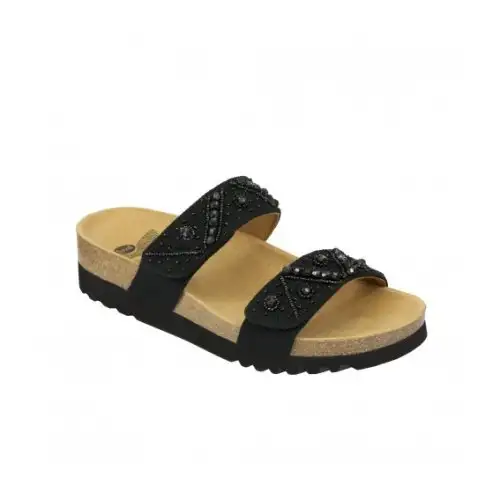 Scholl® Zafirah Sandale Femme Toile + Perles Bioprint® Semelle Intérieure Couleur Noir Taille 38