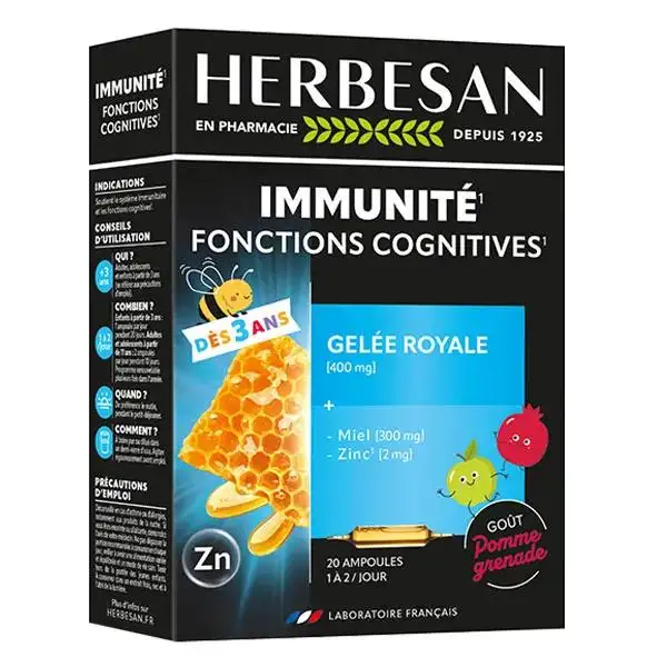 Herbesan Gelée Royale Miel Zinc Adultes et Enfants 20 ampoules de 10ml