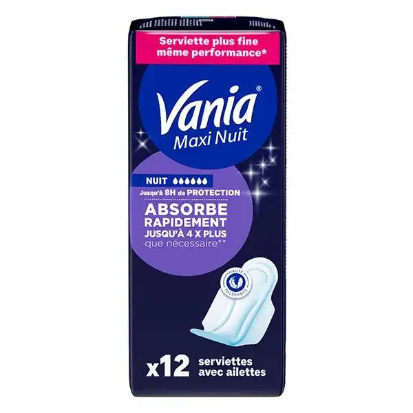 Vania Serviettes Hygiéniques Nuit (12 serviettes avec ailettes)
