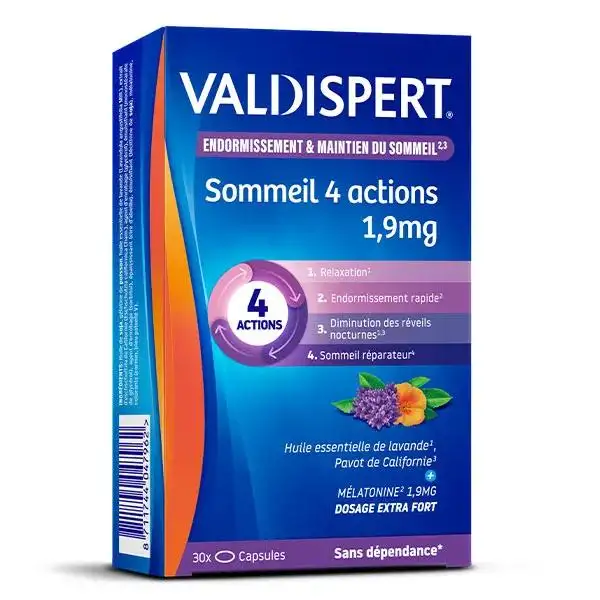 Valdispert Mélatonine1,9mg Sommeil 4 Actions Complément Alimentaire - 30 Capsules