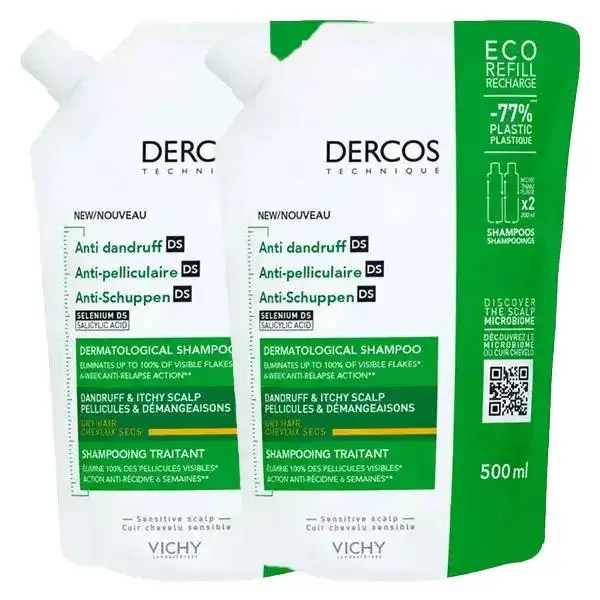 Vichy Dercos Shampooing Antipelliculaire DS Cheveux Secs 2x Écorecharge 500ml